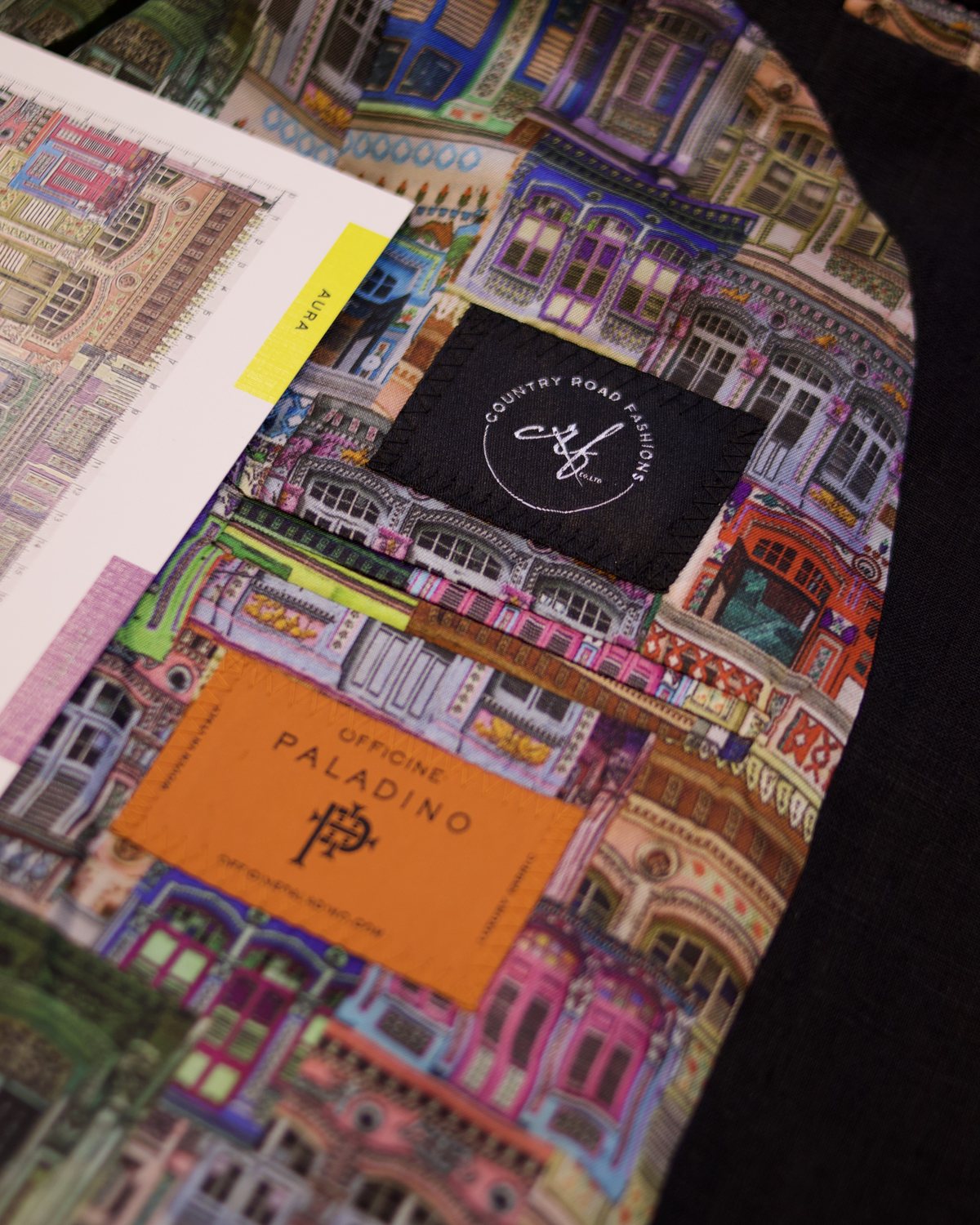 A finished jacket's printed lining and Country Road Fashions label