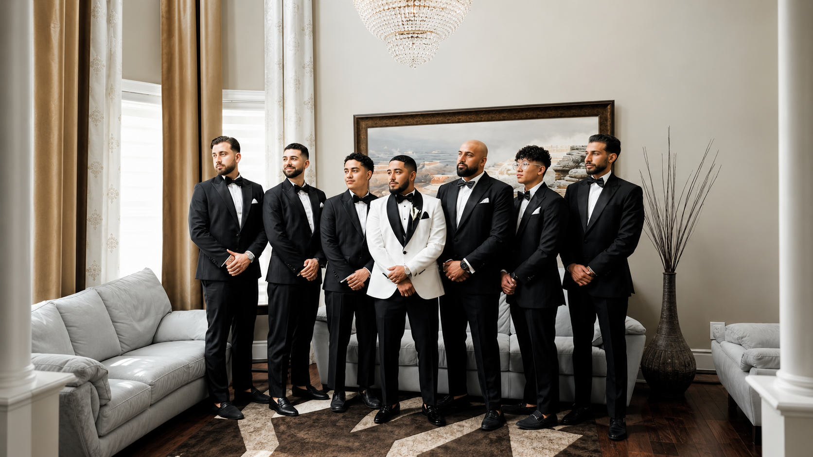 Groom and groomsmen wearing bespoke black and ivory tuxedos for a formal wedding