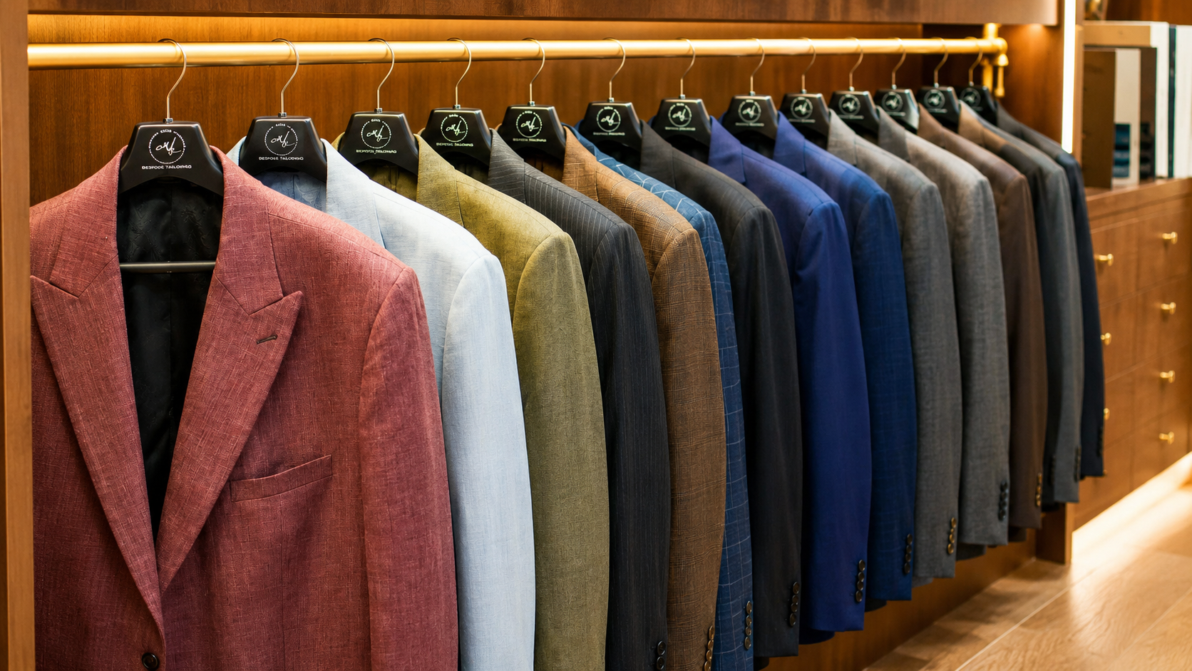 Collection of tailored suits and jackets in different colours for building a men's suit wardrobe