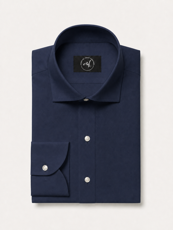 Midnight navy solid non-iron cotton shirt, folded